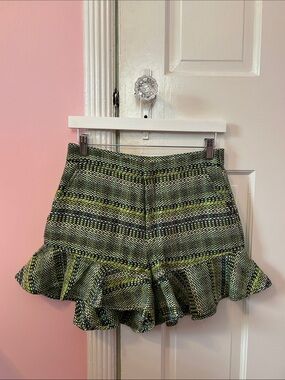 cinq a sept Green Patterned Ruffle Hem Shorts